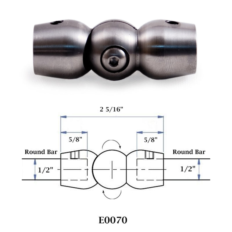 E0070 Pivotable Inline Round Bar Connector Stair Railing