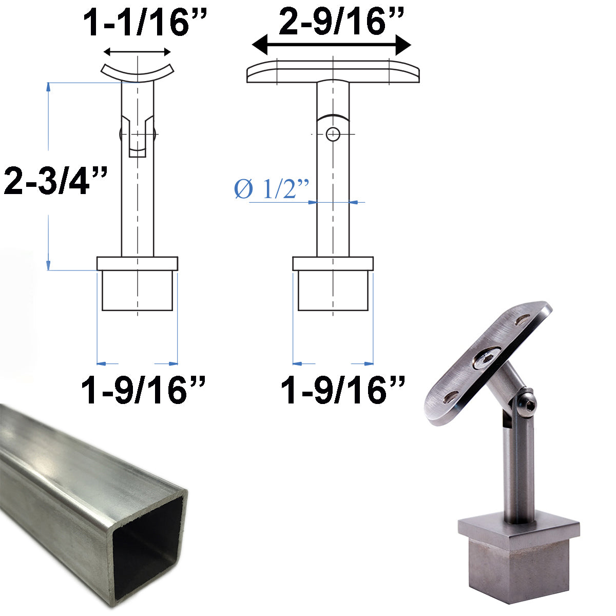 E037100 Adjustable Square Railing Handrail Support for Rake - Stainless ...